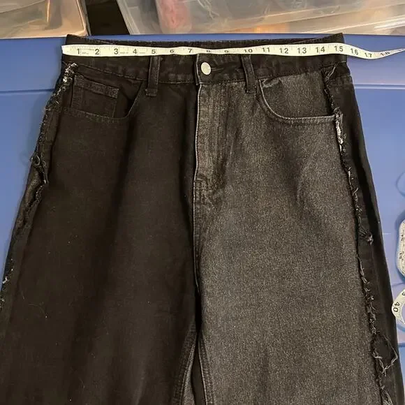 Shein 2 Tone Patch Distressed Black & Dark Denim Ultra High Rise Jeans - Picture 9 of 15